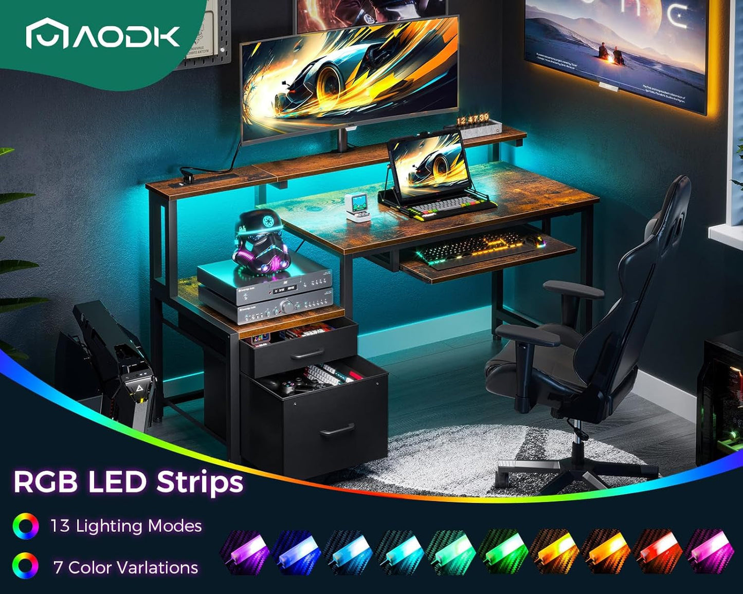 48" Computer Desk with Fabric File Cabinet and Drawer, Reversible Office Desk with Power Outlet and LED Light, Study Desk with Printer Stand, Keyboard Tray, Monitor Riser and PC Stand, Vintage-4