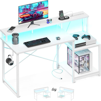 Computer Desk, 48 Inch Gaming Desk with Led Lights & Power Outlet, Office Desk with Printer Storage Shelves, Reversible Desk with Monitor Shelf & Headphone Hook, White-0