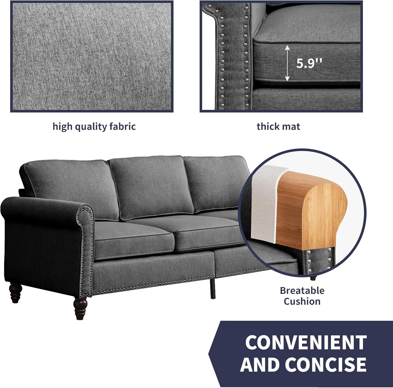 3 Piece Living Room Sofas Set, 3-Seat Sofa Couch and Loveseat & Chair Furniture, Modular Sectional Couch, Couches Sets with Armchair for Living Room/Bedroom/Home/Apartment - Dark Grey-4