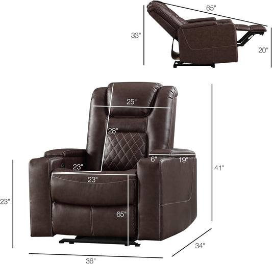 Electric Power Recliner Chair with USB Ports and Cup Holders, Breathable Leather Home Theater Seating with Hidden Arm Storage (Red Brown)-1