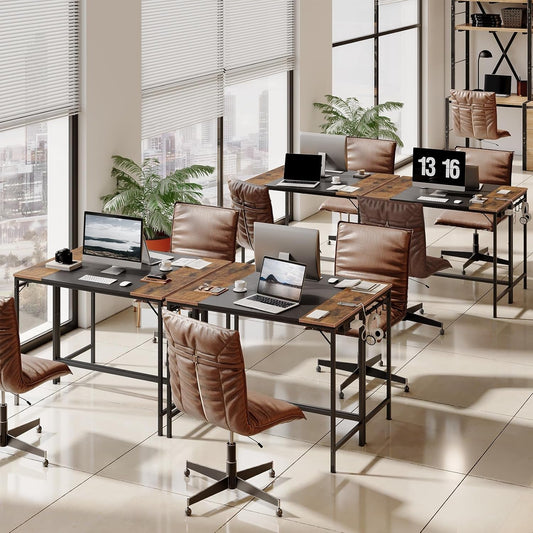 Computer Desk, Home Office Desk with Power Outlet, Modern Study Writing Desk with 3 Hooks for Study Room, Home Office, Sturdy and Stable, Easy to Assemble, Rustic Brown and Black BF41UDN01-1