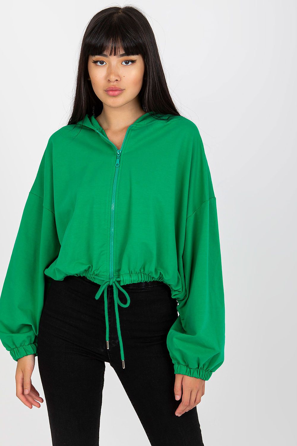 Long Sleeves, Zippered, Hooded Short Sweatshirt in Green