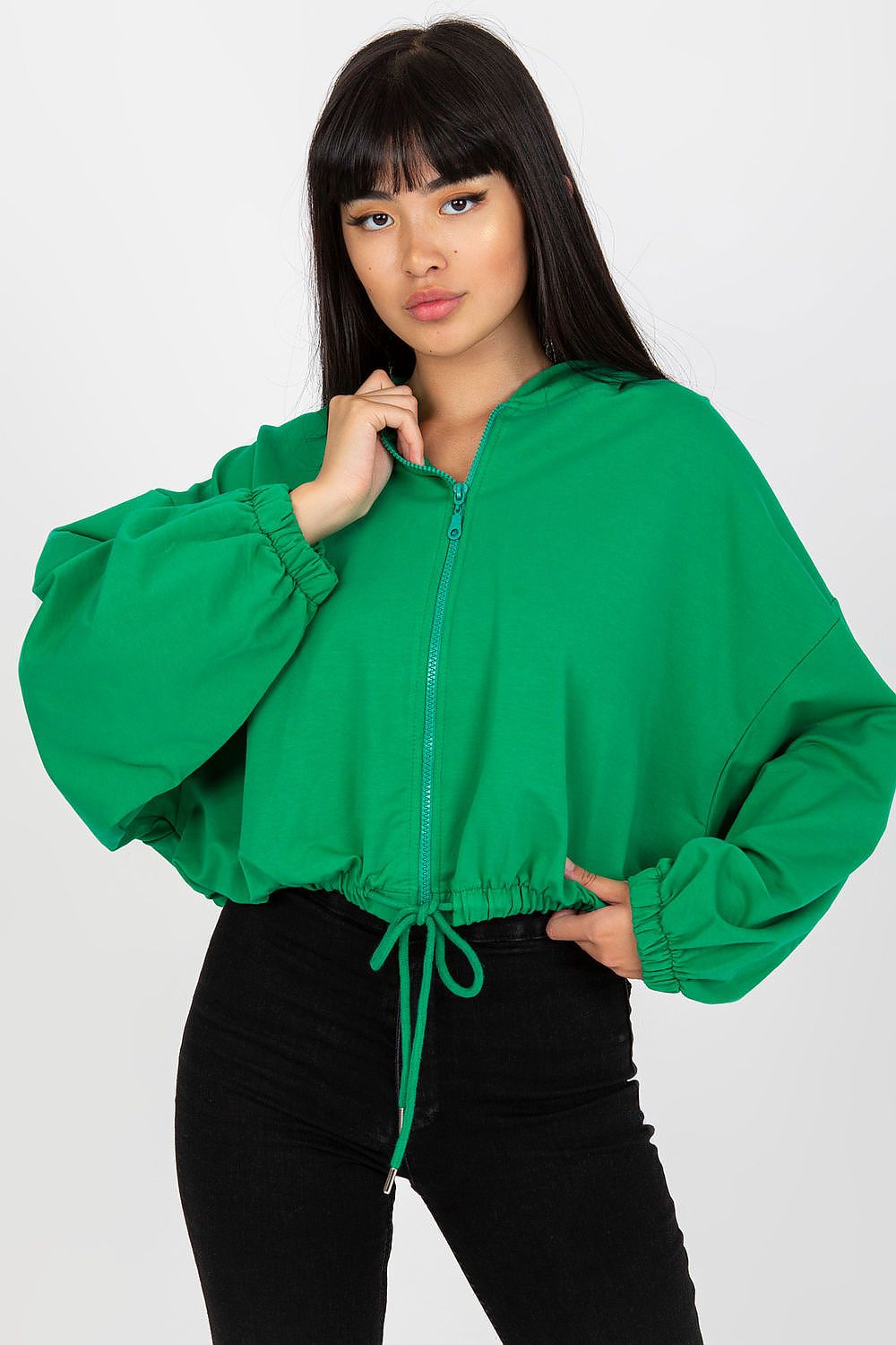 Long Sleeves, Zippered, Hooded Short Sweatshirt in Green