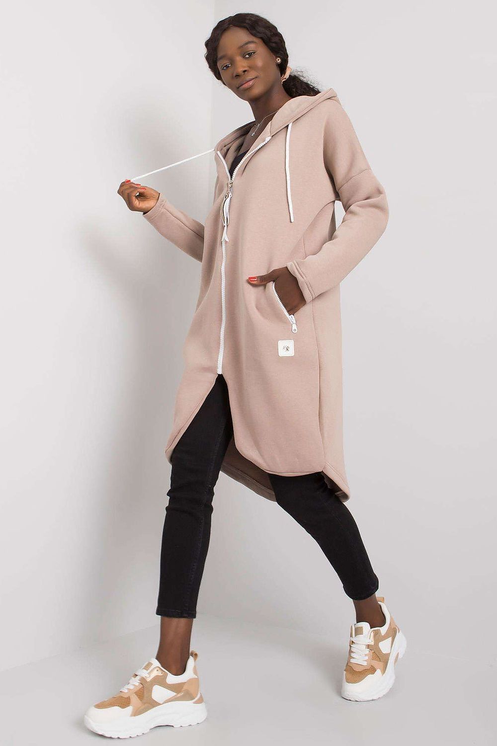 Women's Long Sleeves Knee Length Sweatshirt in Beige