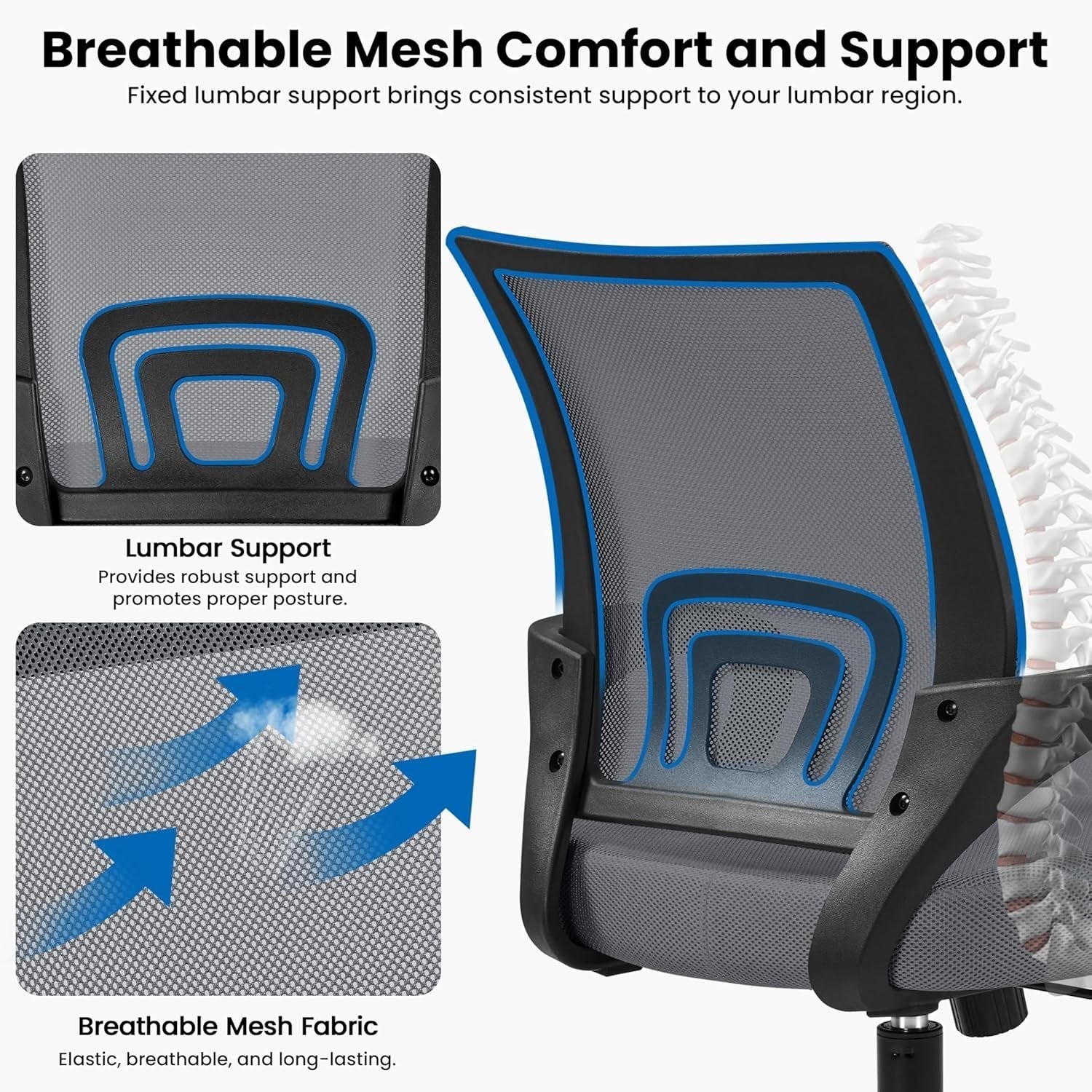 2 Pack Ergonomic Office Chair with 360° Rolling Casters, Mesh Mid-Back Computer Chair for Recreation Dark Gray-4