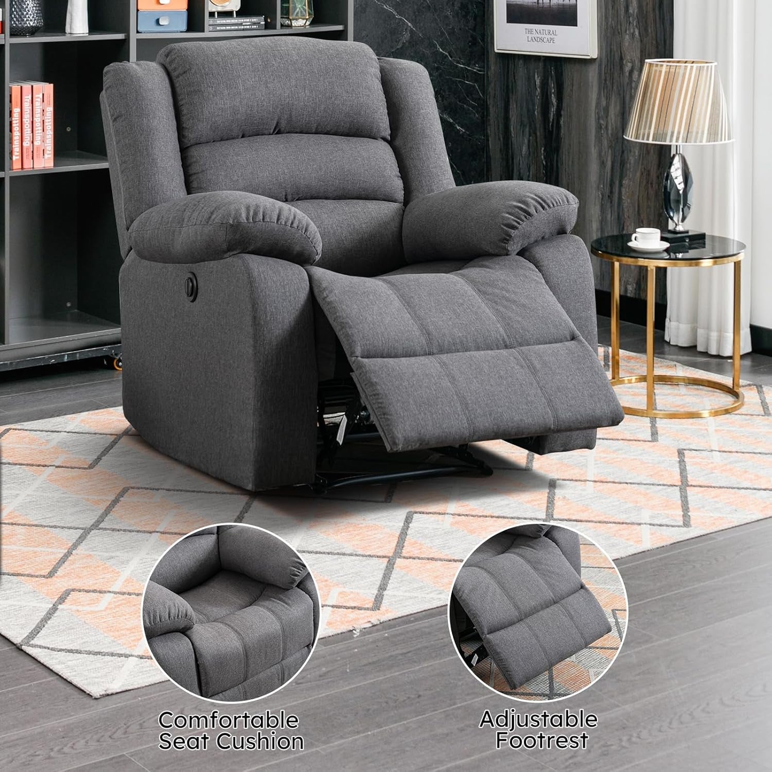 Classic Power Recliner Chair, Oversized Electric Reclining Chair with Overstuffed Cushion and Back, Soft Fabric Adults Single Recliner Sofa for Living Room, Grey-4