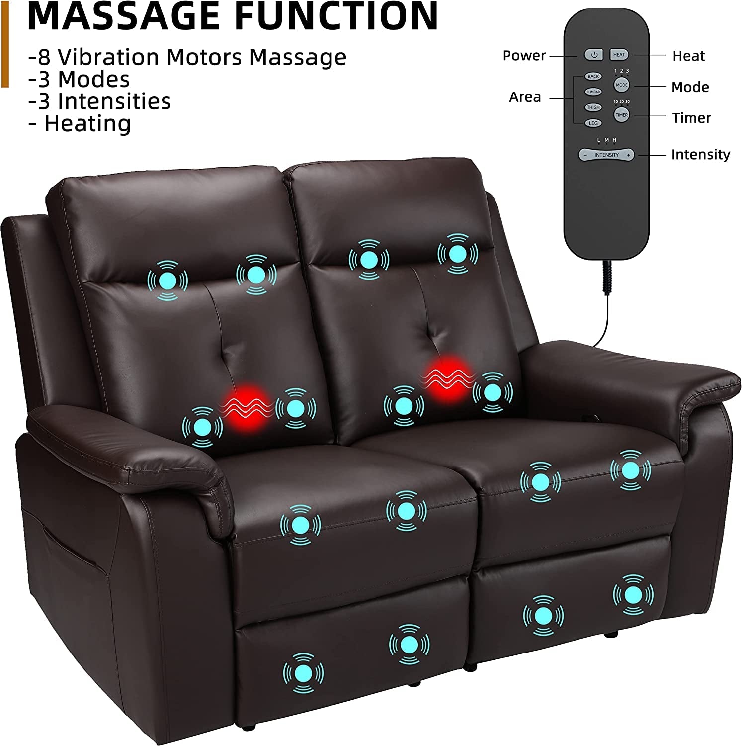 2 Seater Recliner Sofa - Double Reclining Loveseat with Massage & Heating - PU Leather Manual Home Theater Seating Manual Recliner Motion Living Room Chair-2