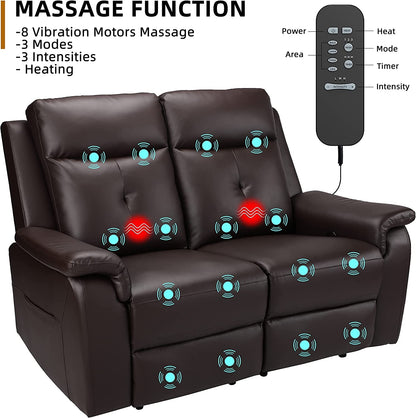 2 Seater Recliner Sofa - Double Reclining Loveseat with Massage & Heating - PU Leather Manual Home Theater Seating Manual Recliner Motion Living Room Chair-2