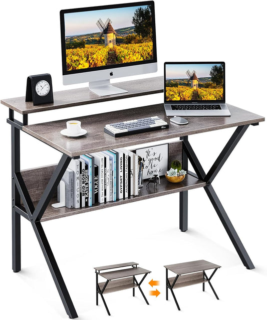 Small Desk, 27.5 Inch Small Computer Desk for Small Spaces, Compact Desk with Storage, Tiny Desk Study Desk with Monitor Stand for Home Office, Grey-0