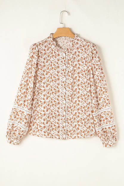 Khaki Printed Lace Detail Floral Puff Sleeve Fall Shirt