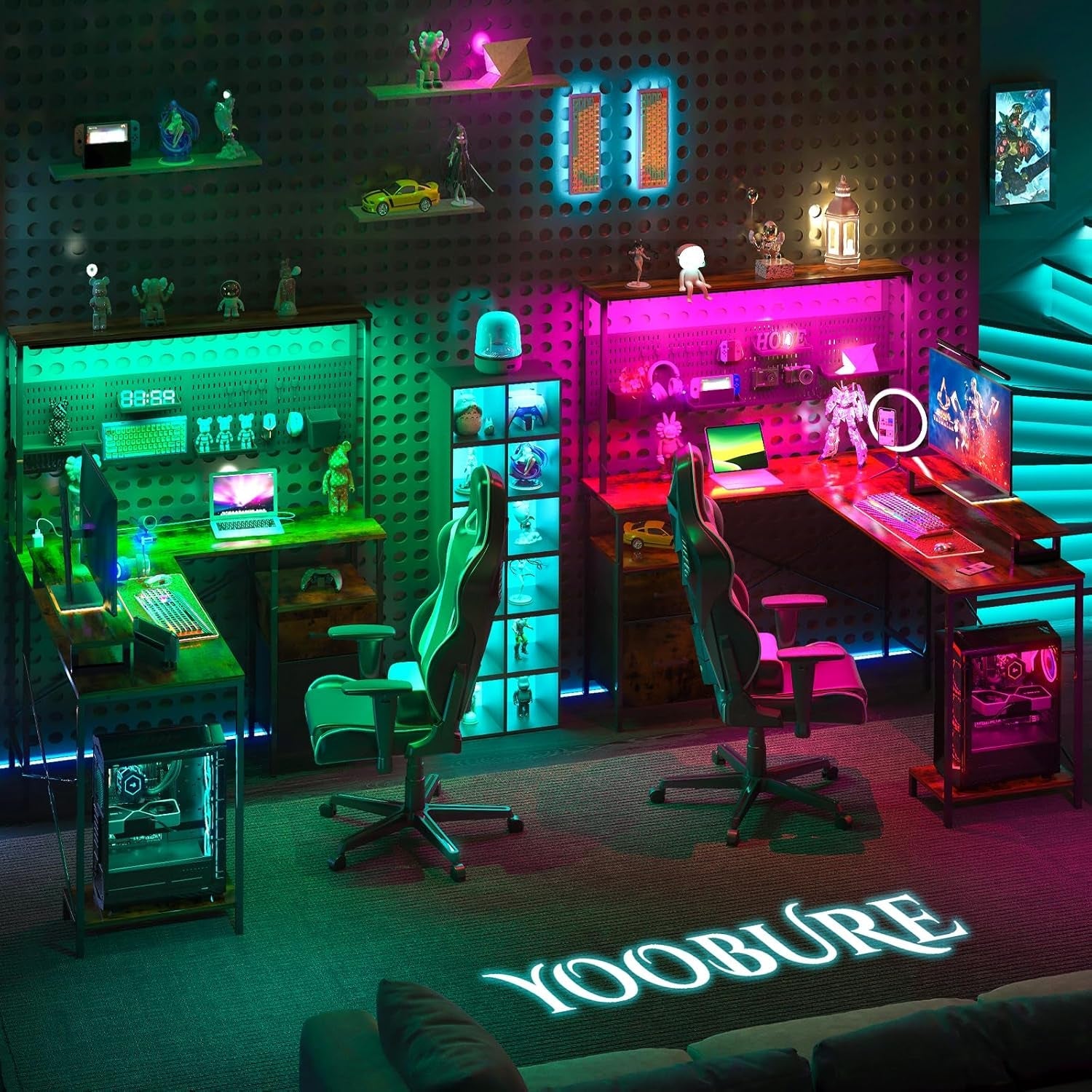 L Shaped Desk with Pegboard, Reversible Computer Desk with Drawers & Storage Shelves, Gaming Desk with LED Lights & Power Outlets, Office Desk with Monitor Stand Corner Desk Home Office Desks-3