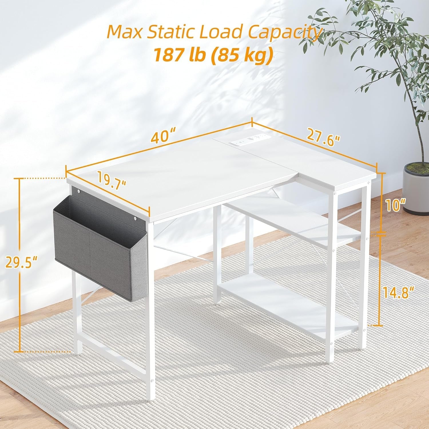 Small Computer Desk with Power Outlets, 40 Inch L Shaped Desk with Reversible Shelves, Gaming Desk Corner Desk Study Writing Desk for Home Office Bedroom Small Space, White-2