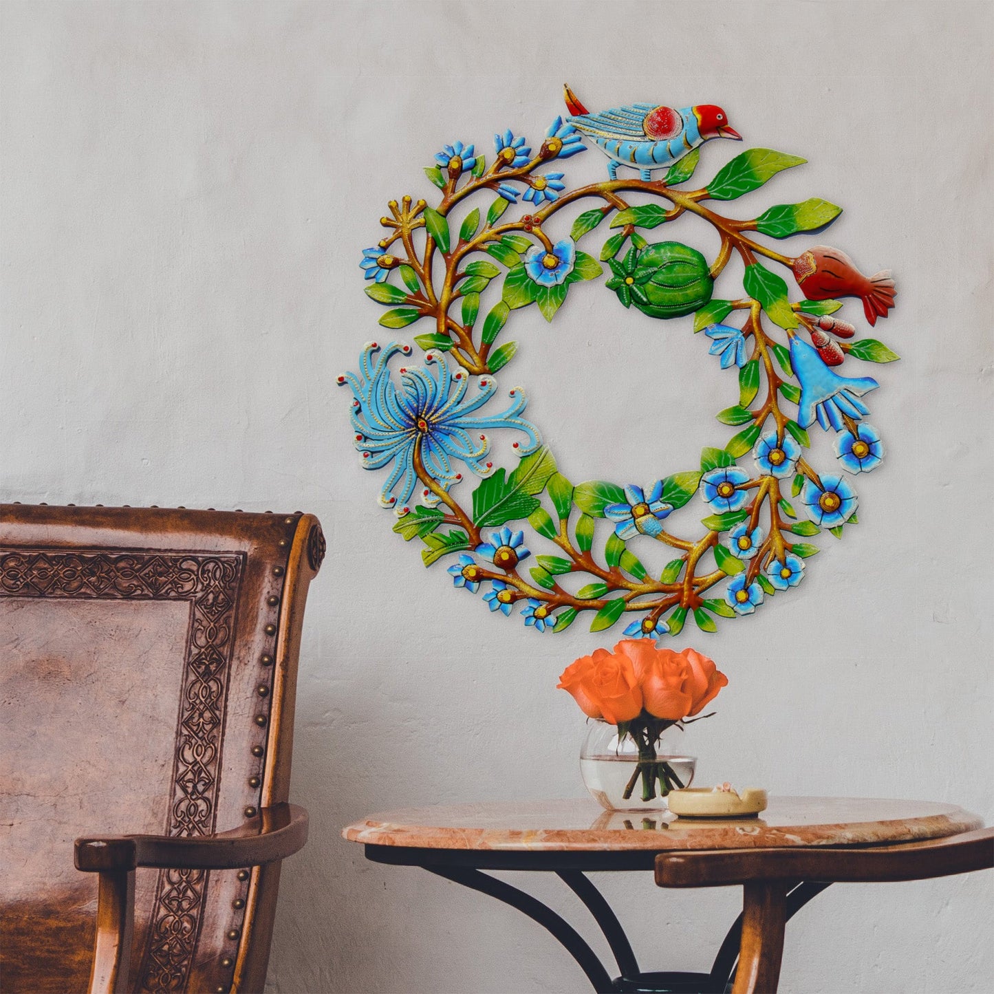 BLUE BIRD DOOR WREATH HAITIAN METAL DRUM WALL ART