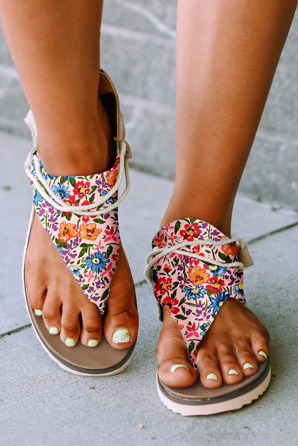 SHEWIN Multicolor Floral Print Zipped Flip Flop Sandals
