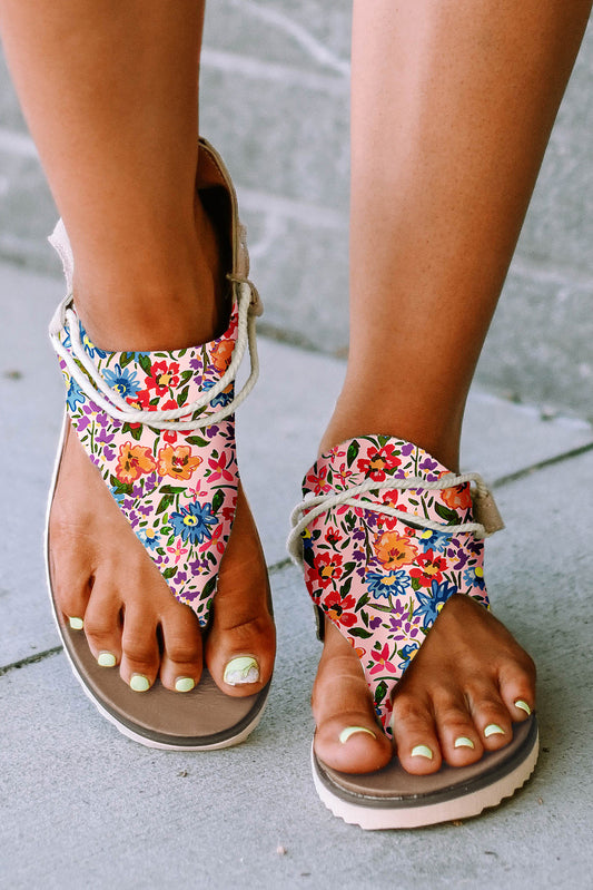 SHEWIN Multicolor Floral Print Zipped Flip Flop Sandals