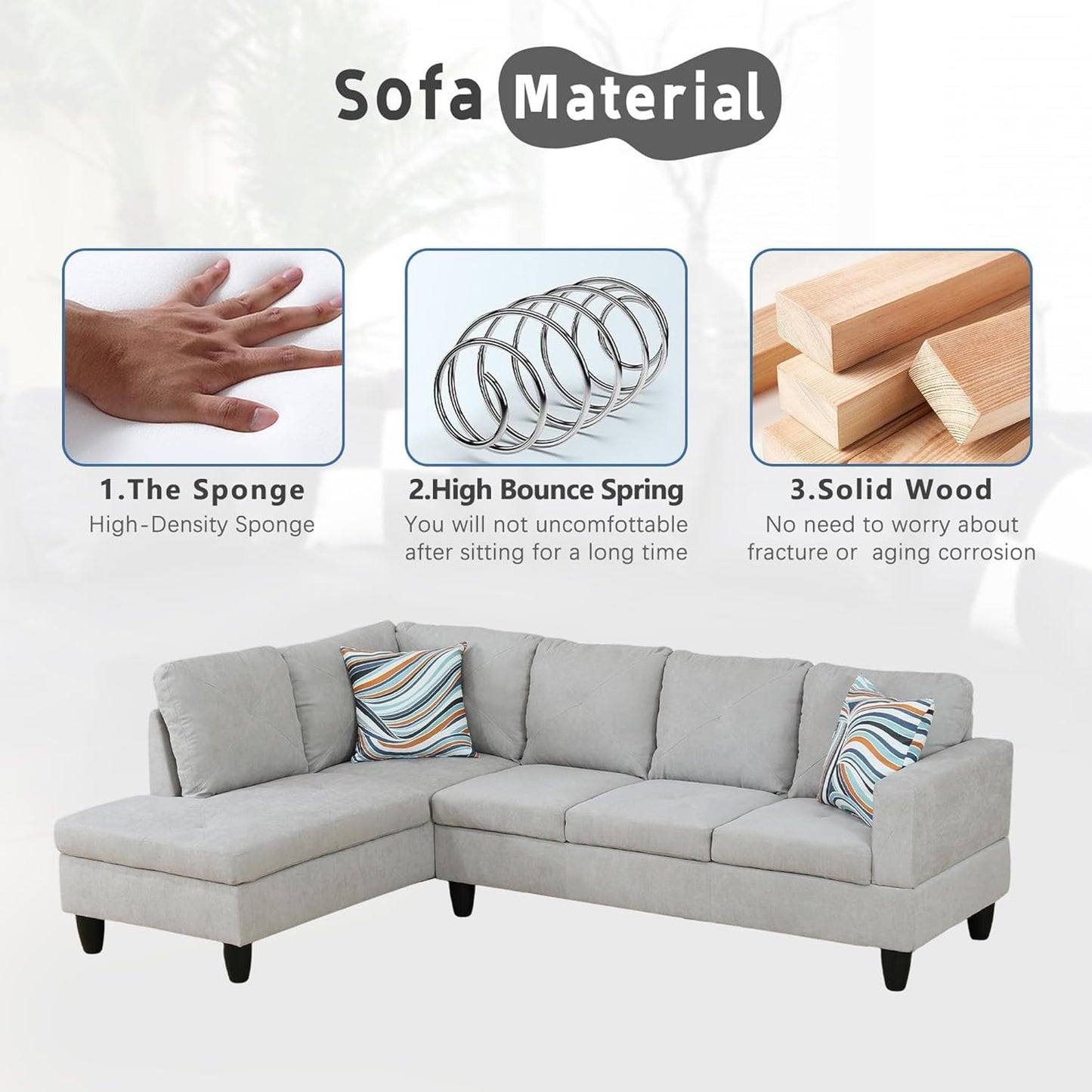 L-Shaped Sectional Sofa Set Luxurious Flannelette 5-Seat Couches, Durable and Comfortable, Space-Saving Design Perfect for Modern Living Room, Apartment, Grey White-3