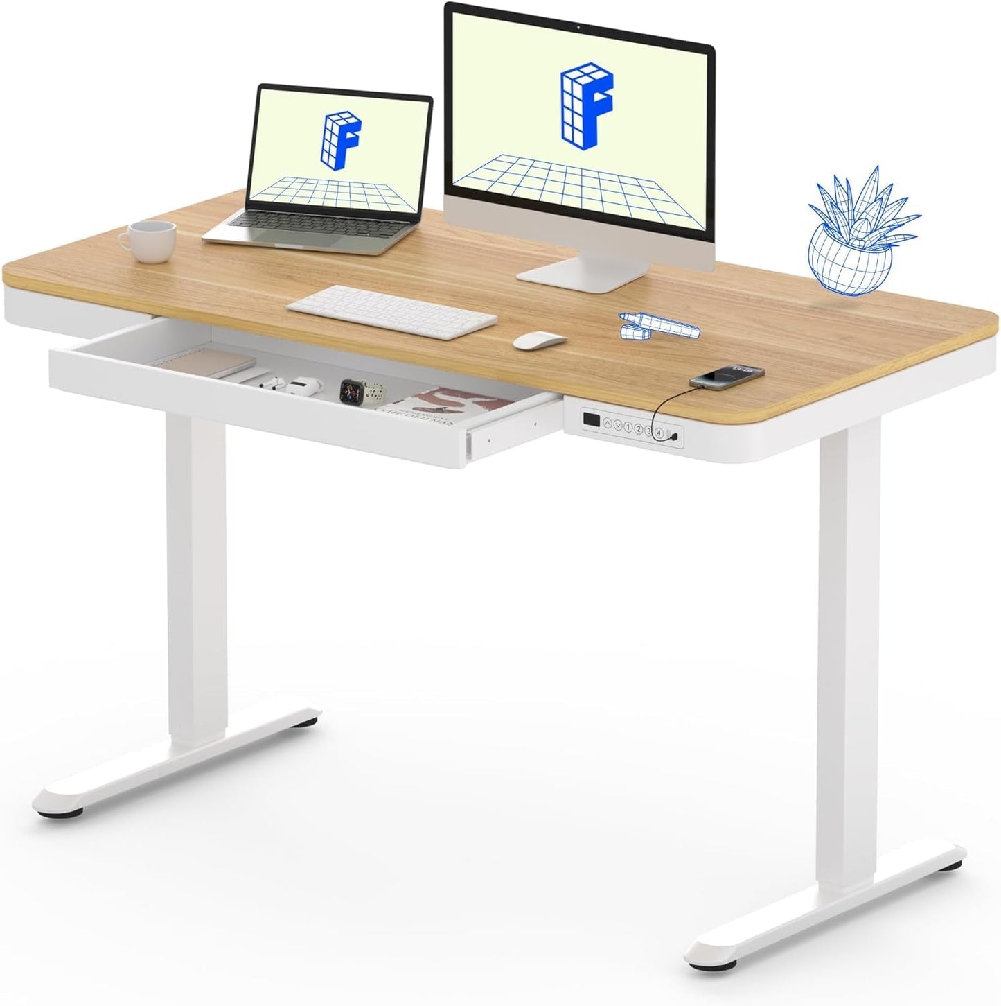 Comhar Electric Standing Desk with Drawers Charging USB Port, Height Adjustable 48" Whole-Piece Quick Install Home Office Computer Laptop Table with Storage (Maple Top + White Frame)-0