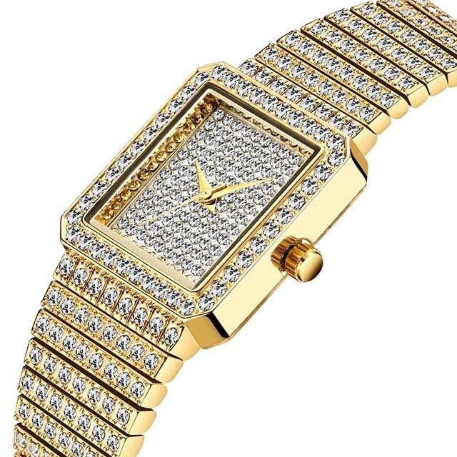 Diamond Watch For Women Luxury Brand Ladies Gold Square Watch Minimalist Analog Quartz Movt Unique Female Iced Out Watch-0