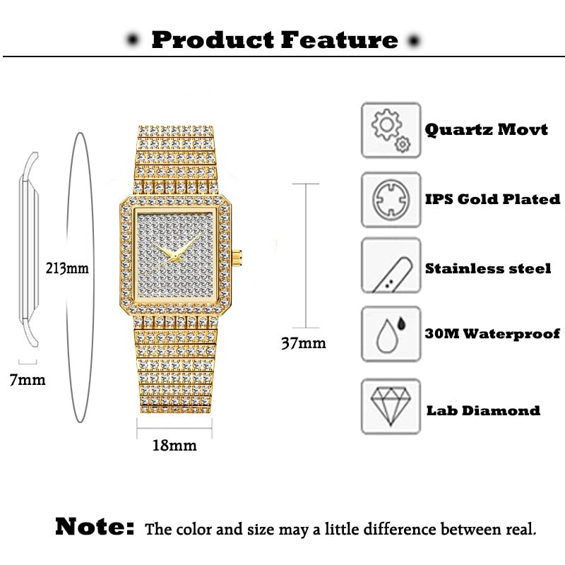 Diamond Watch For Women Luxury Brand Ladies Gold Square Watch Minimalist Analog Quartz Movt Unique Female Iced Out Watch-3
