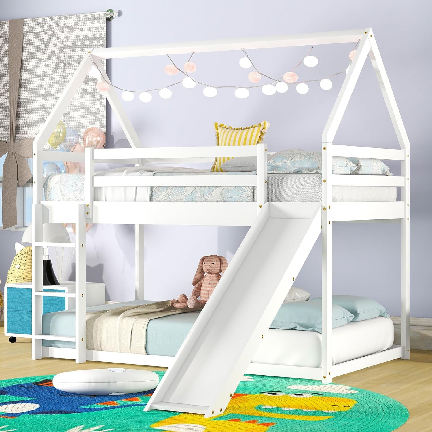 Twin over Twin House Bunk Bed with Slide,Floor Bunk Beds with Ladder for Kids,Solid Wood Twin Size Low Bunk Bed for Girls Boys-3