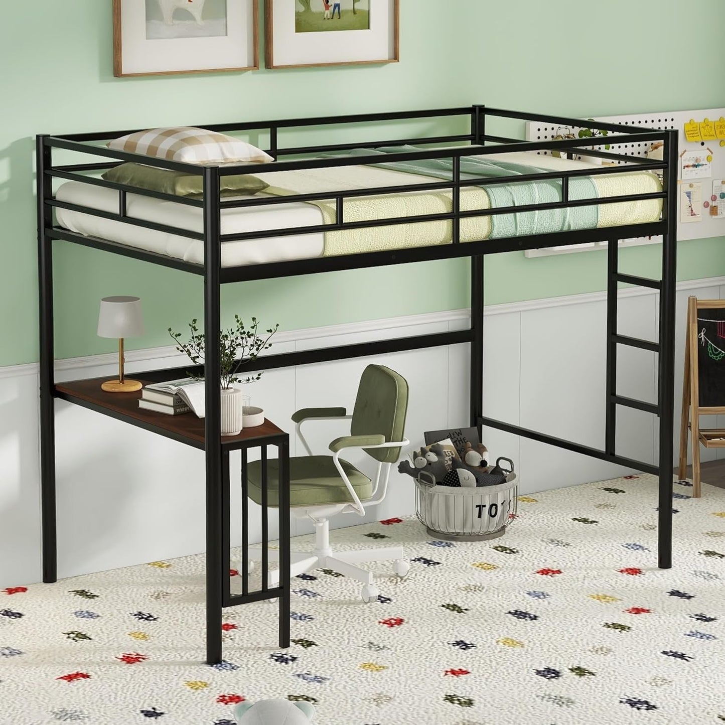 Metal Loft Bed with Desk and Storage-3