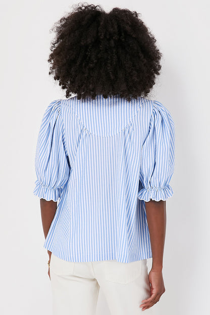 Sky Blue Stripe Ruffled Collar Puff Sleeve Half Buttons Blouse