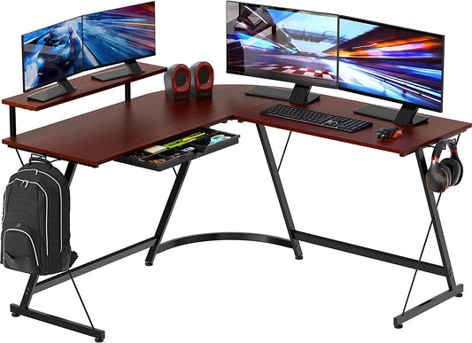 Vista L-Shape Desk with Monitor Stand, Cherry-0