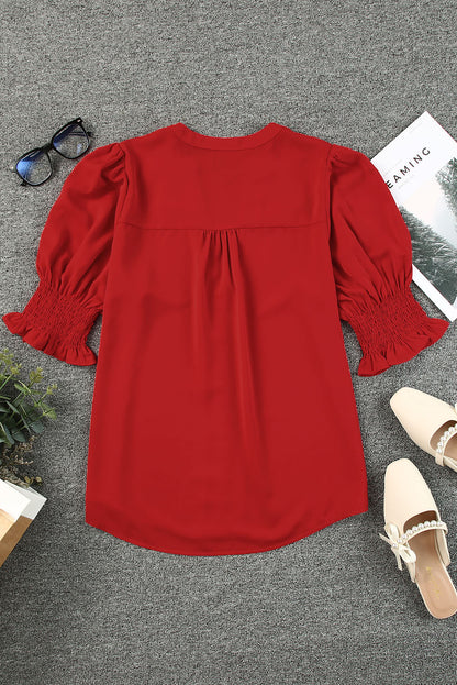 Fiery Red Solid Color Half Sleeve V Neck Blouse
