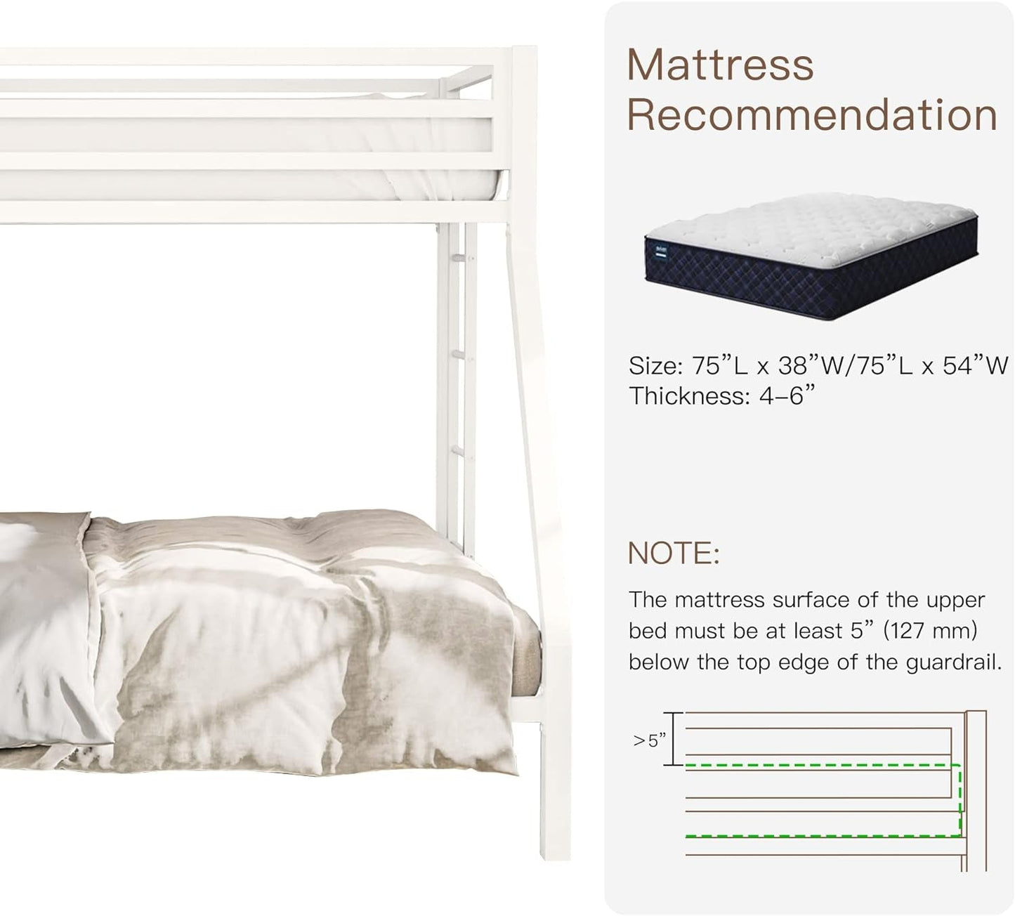 Metal Loft Bunk Bed Twin over Full Size with Safety Guardrail and Ladder, No Box Spring Needed Space Saving Bedroom Furniture, Cream White-4