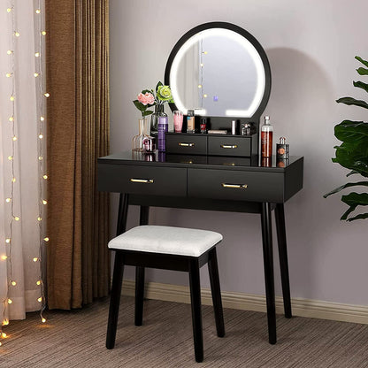 Lighted Makeup Vanity Desk with Cushioned Stool-0