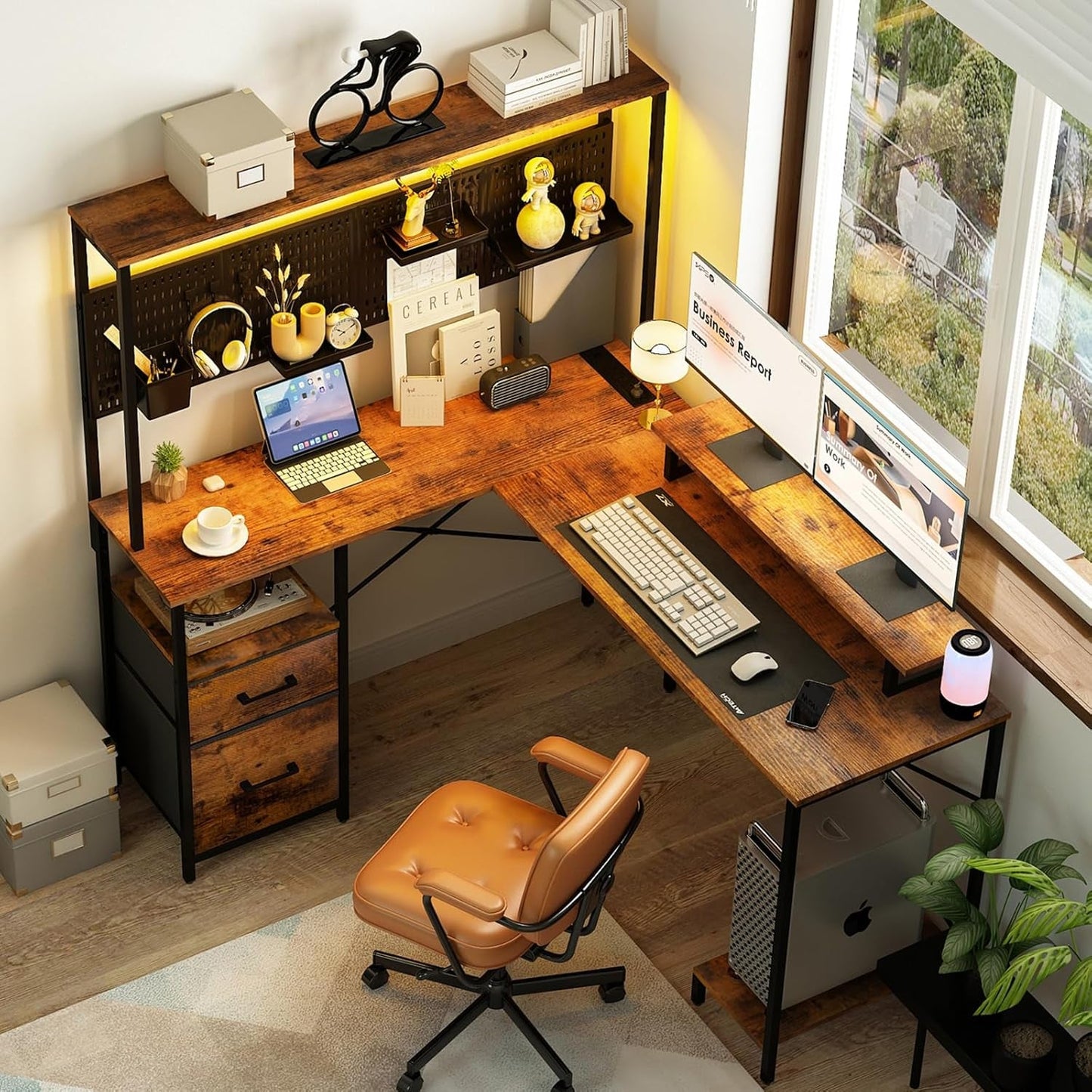 L Shaped Desk with Pegboard, Reversible Computer Desk with Drawers & Storage Shelves, Gaming Desk with LED Lights & Power Outlets, Office Desk with Monitor Stand Corner Desk Home Office Desks-0