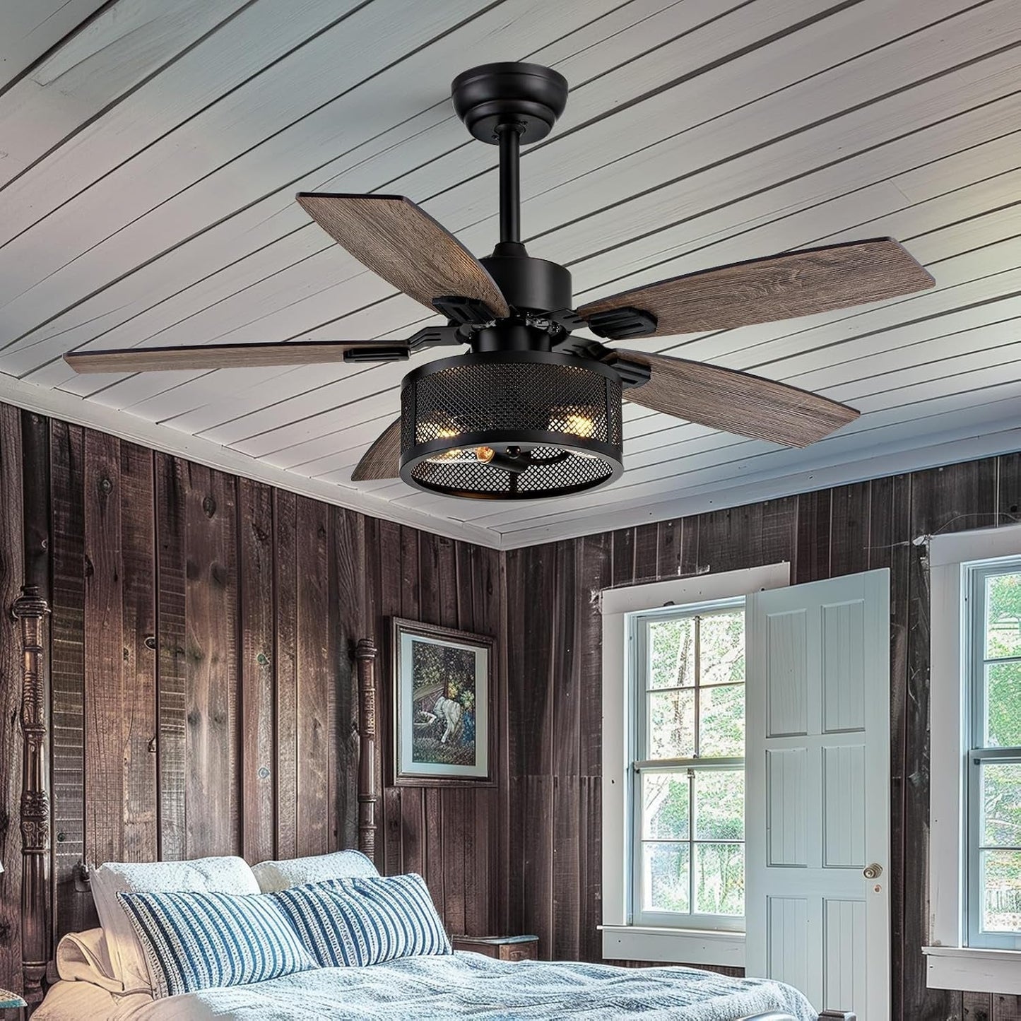42 Inch Ceiling Fans with Lights and Remote Control, Ceiling Fan for Bedroom Living Room and Patio, Caged Ceiling Fan for Indoor and Outdoor-0