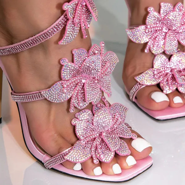Pink PU Casual Rhinestone Decor Flower Shape Square Out Door Shoes High Heel Sandals