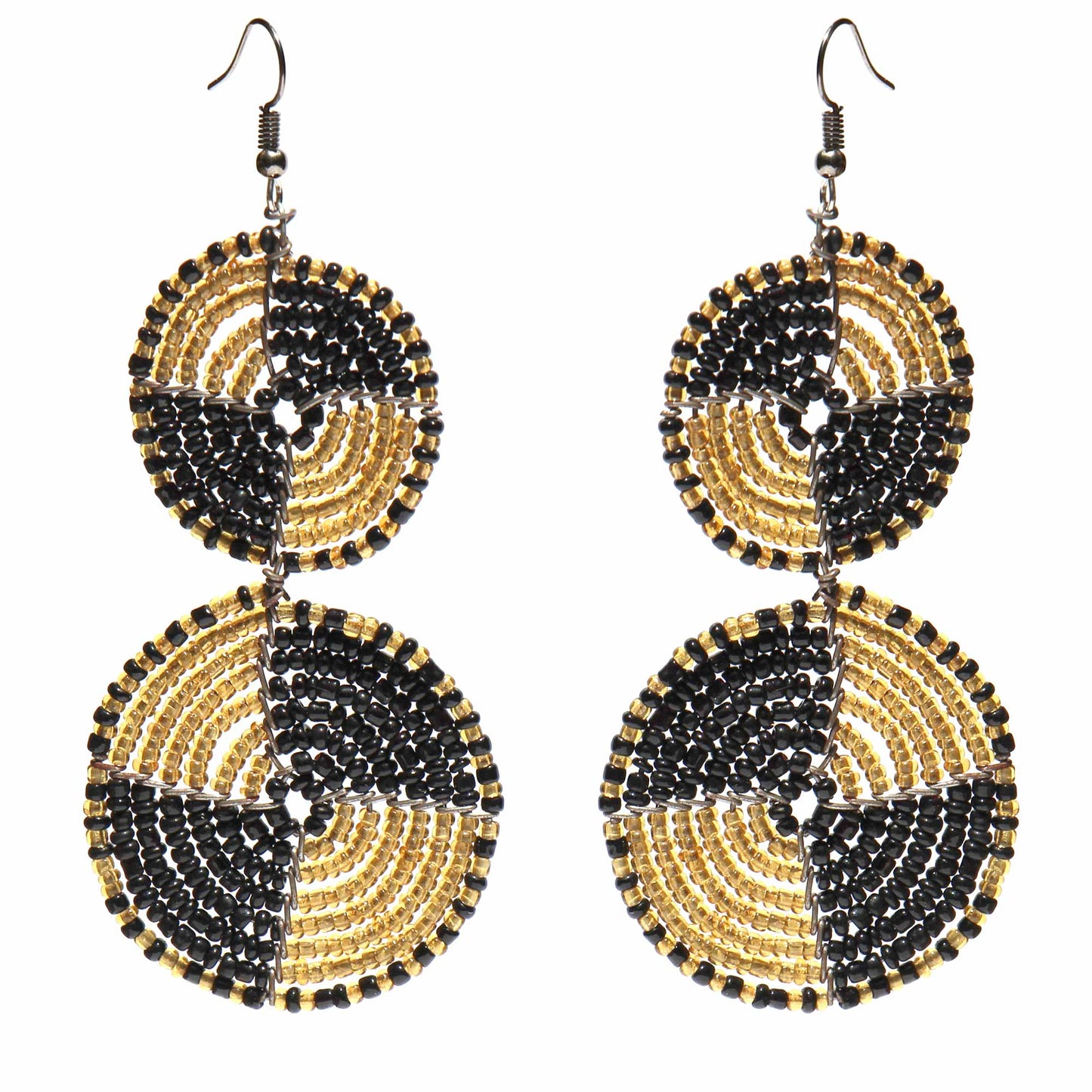MAASAI BEAD DOUBLE CIRCLE DANGLE EARRINGS, GOLD AND BLACK