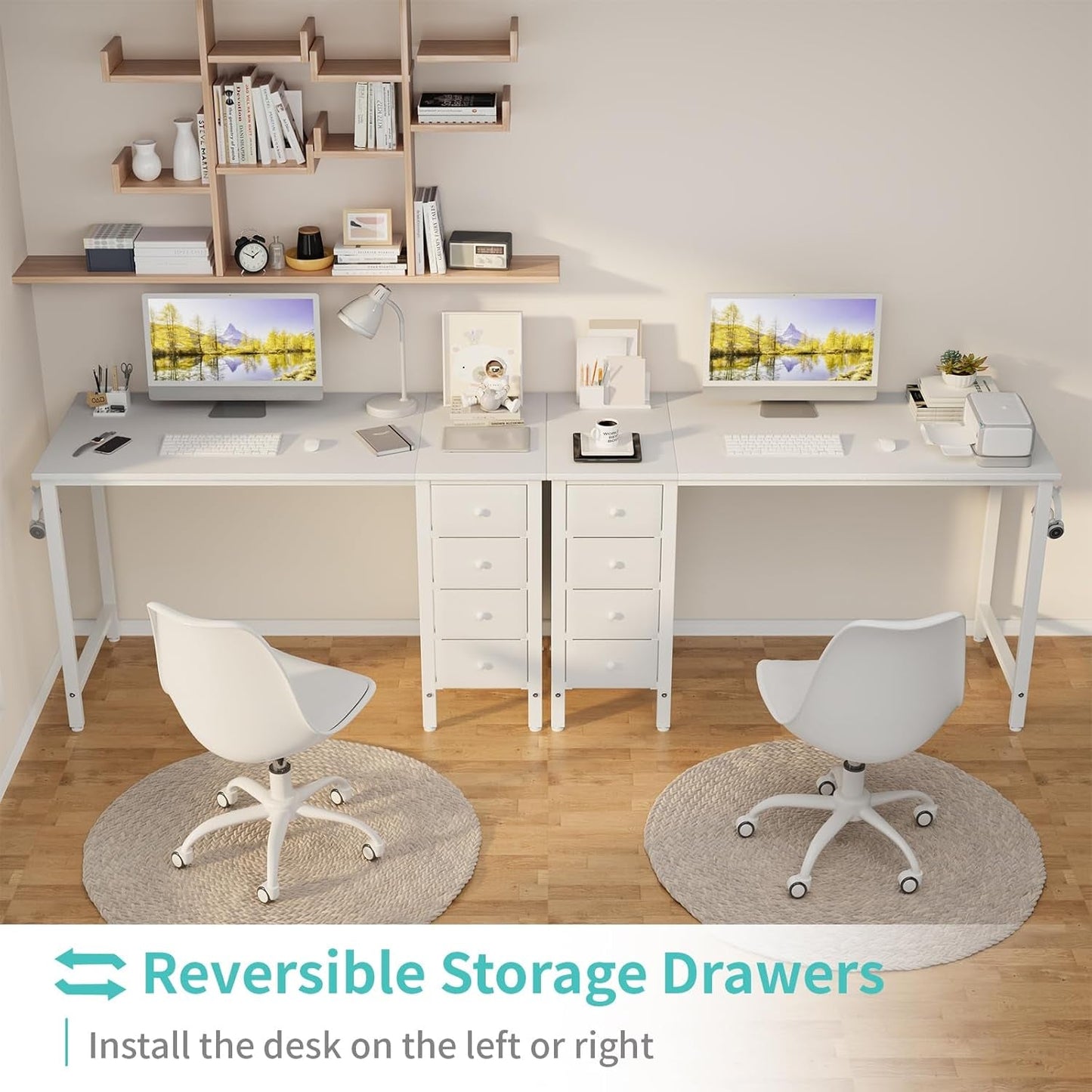 White Computer Desk with Fabric Drawers, 47 Inch Reversible Study Work Writing Desk for Home Office Bedroom, Simple Modern Cute PC Desks with Drawer, White-3