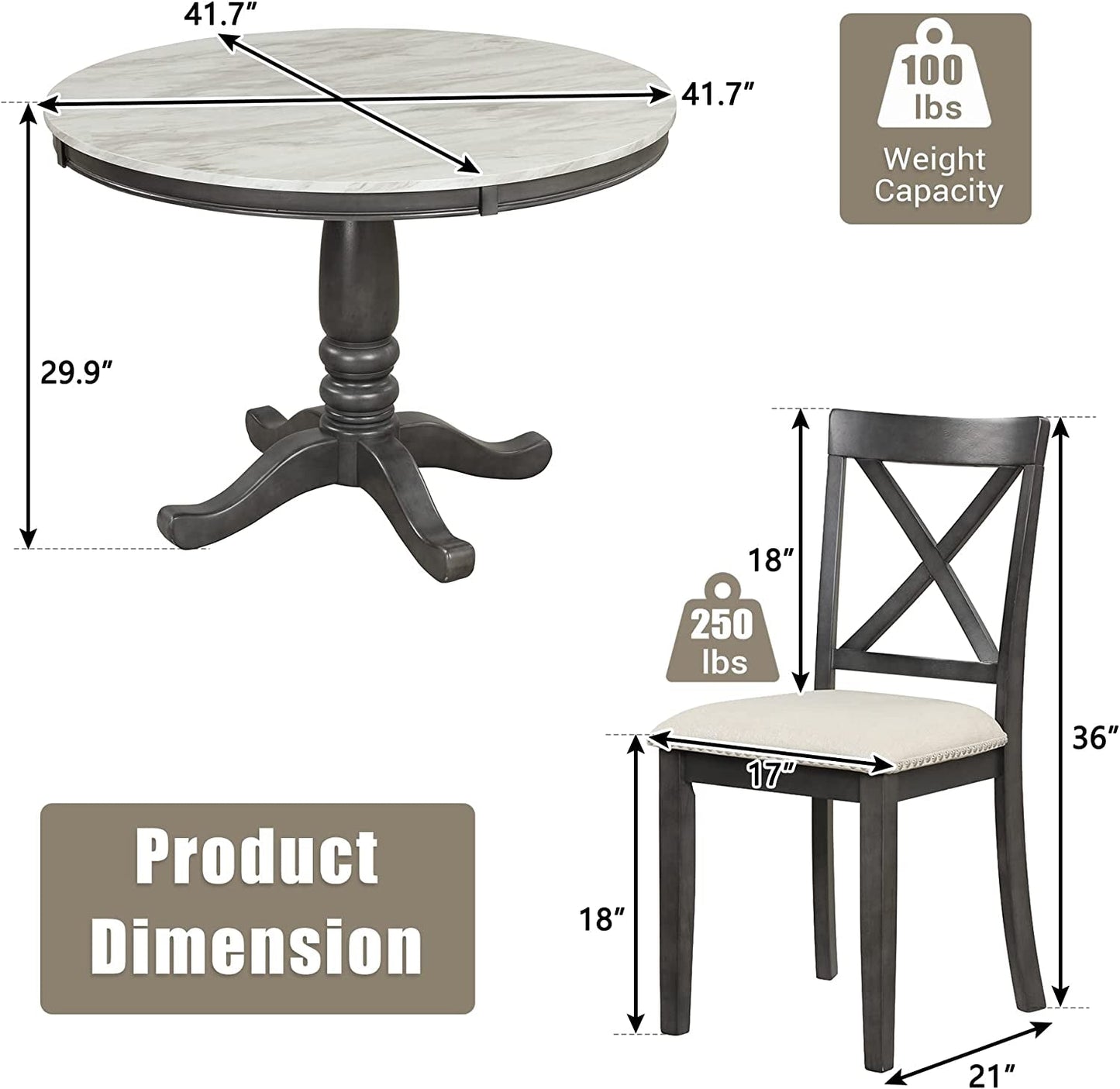 Wood 5-Piece round Dining Table Set with Cushioned Chairs-2