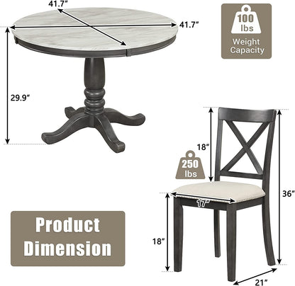 Wood 5-Piece round Dining Table Set with Cushioned Chairs-2