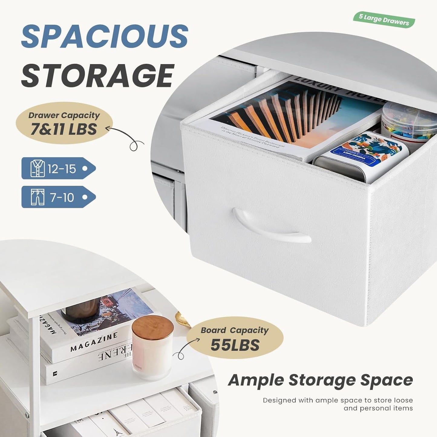 TV Stand Dresser for Bedroom with 5 Fabric Drawer,Entertainment Center for 45 Inch Television, Media Console Table with Storage, Open Shelf, Adjustable Feet, Living Room Furniture, White-1