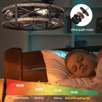 Farmhouse Flush Mount Caged Ceiling Fans with Lights, 6 Speeds, Rustic Low Profile Ceiling Fan with Light and Remote, Small Bladeless Ceiling Fans with Lights for Kitchen, Bedroom-4