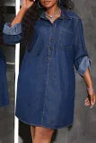 Casual Solid Color Pocket Buckle Turndown Collar Denim Plus Size Dresses