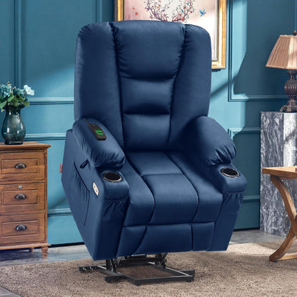 Large Power Lift Recliner Chair Sofa with Massage and Heat for Big and Tall Elderly People, 3 Positions, Cup Holders, and USB Ports, Faux Leather 7539 (Large, Navy Blue)-1