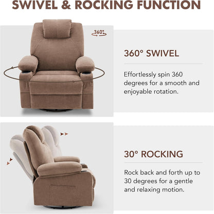 Oversized Swivel Rocker Recliner Chair with Heat and Massage, 360 Degree Swivel Rocking Single Sofa with Cup Holders and USB Port, Big Large Recliner Chair for Living Room (Fabric, Brown)-2
