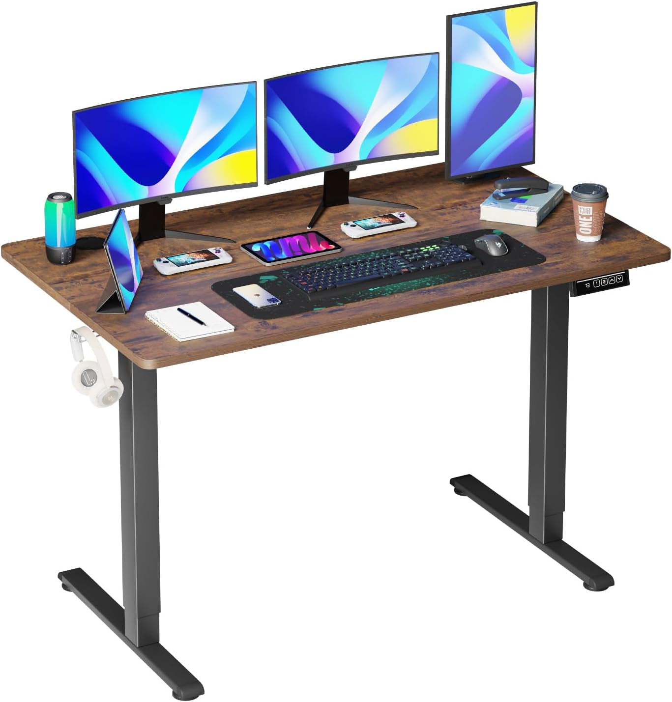 55 Inch Height Adjustable Gaming Desk Electric Standing Desk That Raises up and down Modern Computer Table with Electric Lifting Headphone Hook, Brown-0