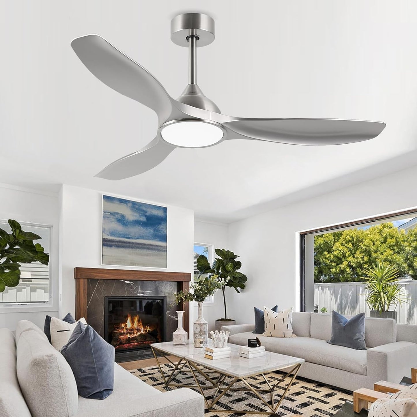 52 Inch Quiet DC Motor 6 Speed High CFM Modern Ceiling Fan with Lights Remote Control, 3 Blade Indoor Silver Ceiling Fan for Bedroom, Office, Living Room-0