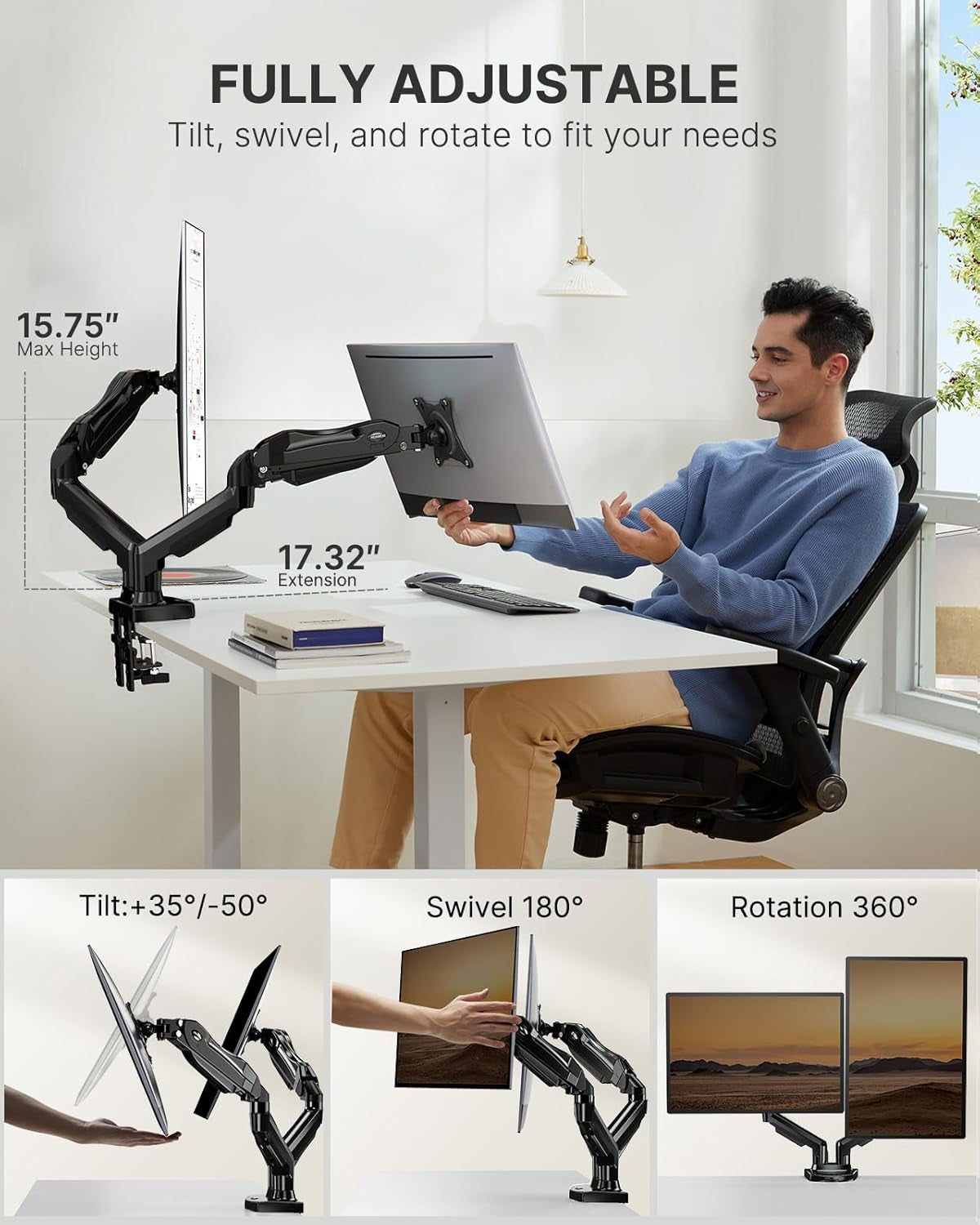Dual Monitor Stand - Full Adjustable Monitor Desk Mount Swivel Vesa Bracket with C Clamp, Grommet Mounting Base for 13 to 32 Inch Computer Screens - Each Arm Holds 4.4 to 19.8Lbs-2