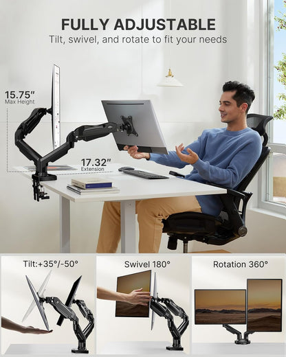 Dual Monitor Stand - Full Adjustable Monitor Desk Mount Swivel Vesa Bracket with C Clamp, Grommet Mounting Base for 13 to 32 Inch Computer Screens - Each Arm Holds 4.4 to 19.8Lbs-2