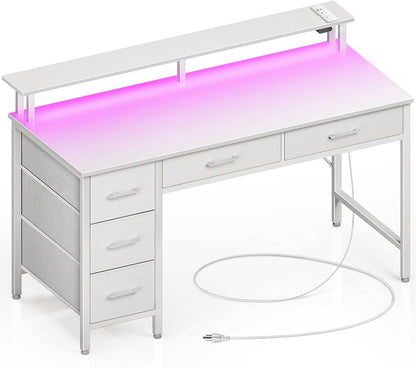 Computer Desk with Power Outlets & LED Light, 39 Inch Home Office Desk with 5 Drawers, Writing Desk with Monitor Stand, Work Desk for Home Office, White-0