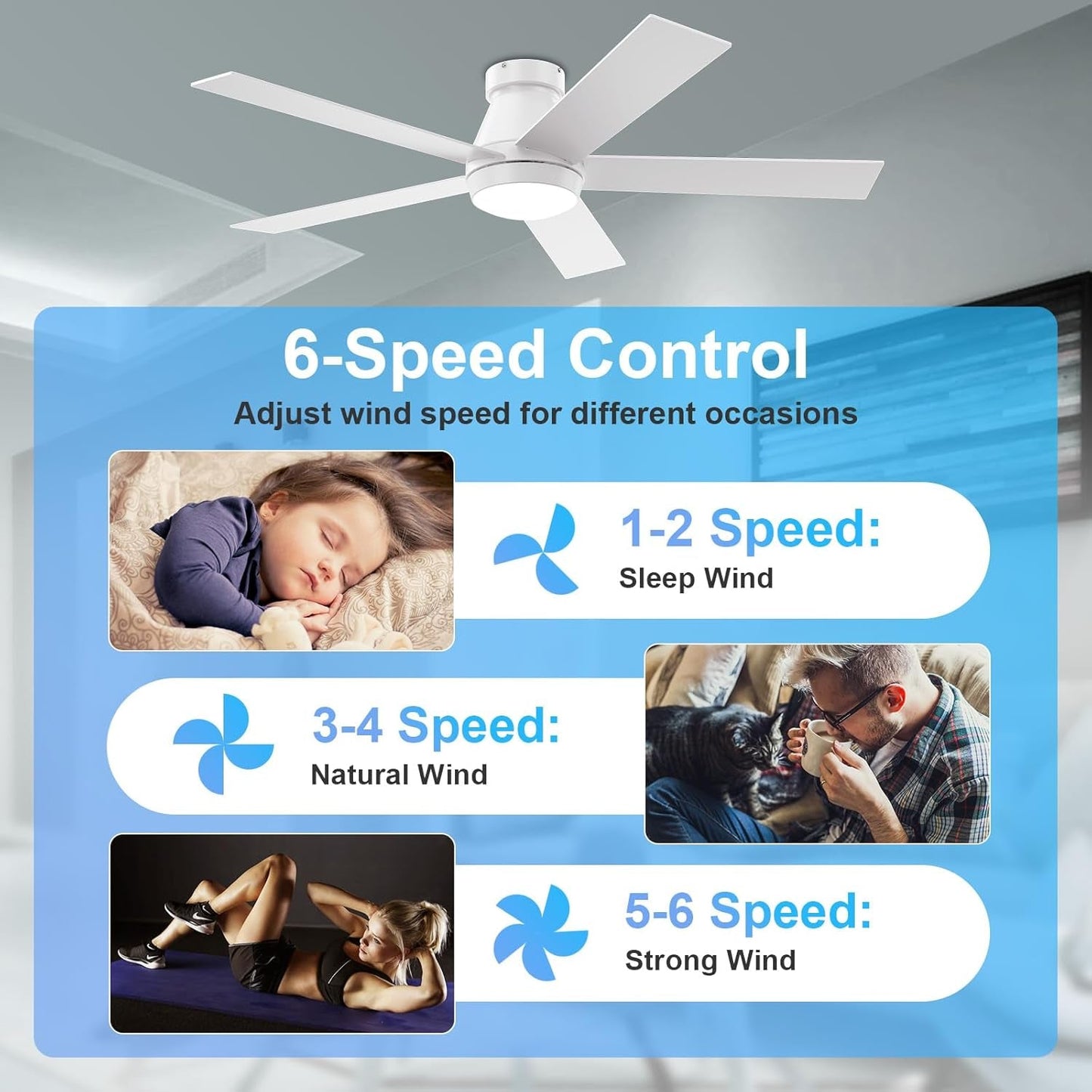 52" Ceiling Fan with Lights, White Flush Mount Ceiling Fans, 5 Blades Low Profile Ceiling Fans, 6 Speeds DC Reversible, Dimmable, Modern Ceiling Fans for Bedroom, Living Room and Garage (White)-2