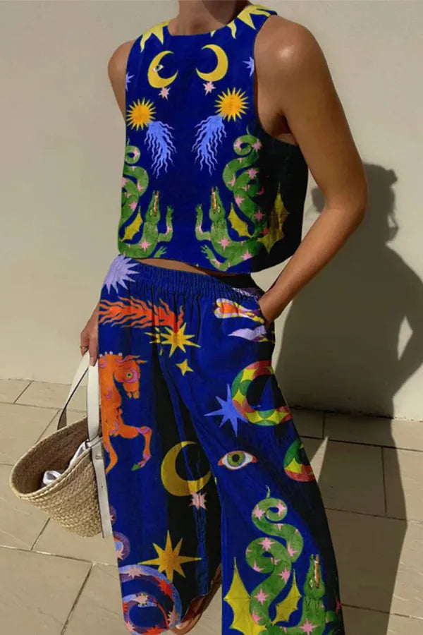 Casual Print Pocket O Neck Sleeveless Two Pieces