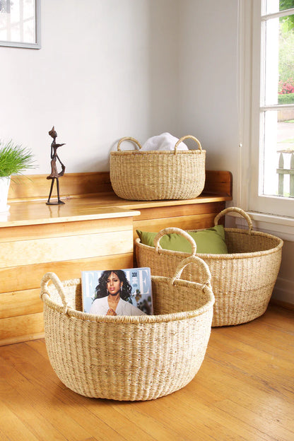 Set of Three Natural Woven Grass Floor Baskets with Handles